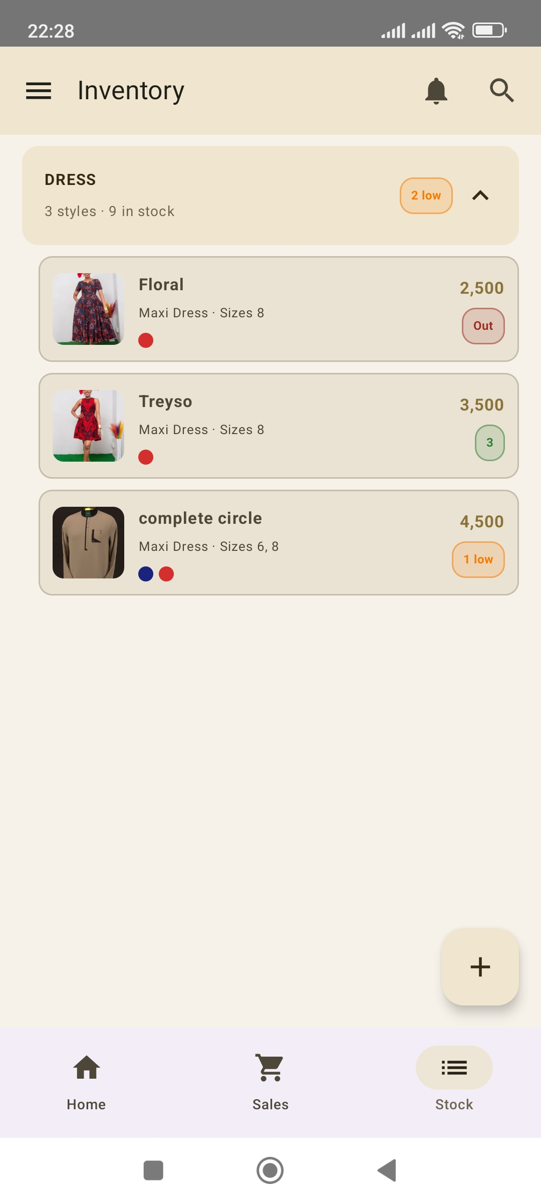 Bizia inventory screen showing dress styles grouped by category, with colour swatches, prices, and low-stock and out-of-stock pills