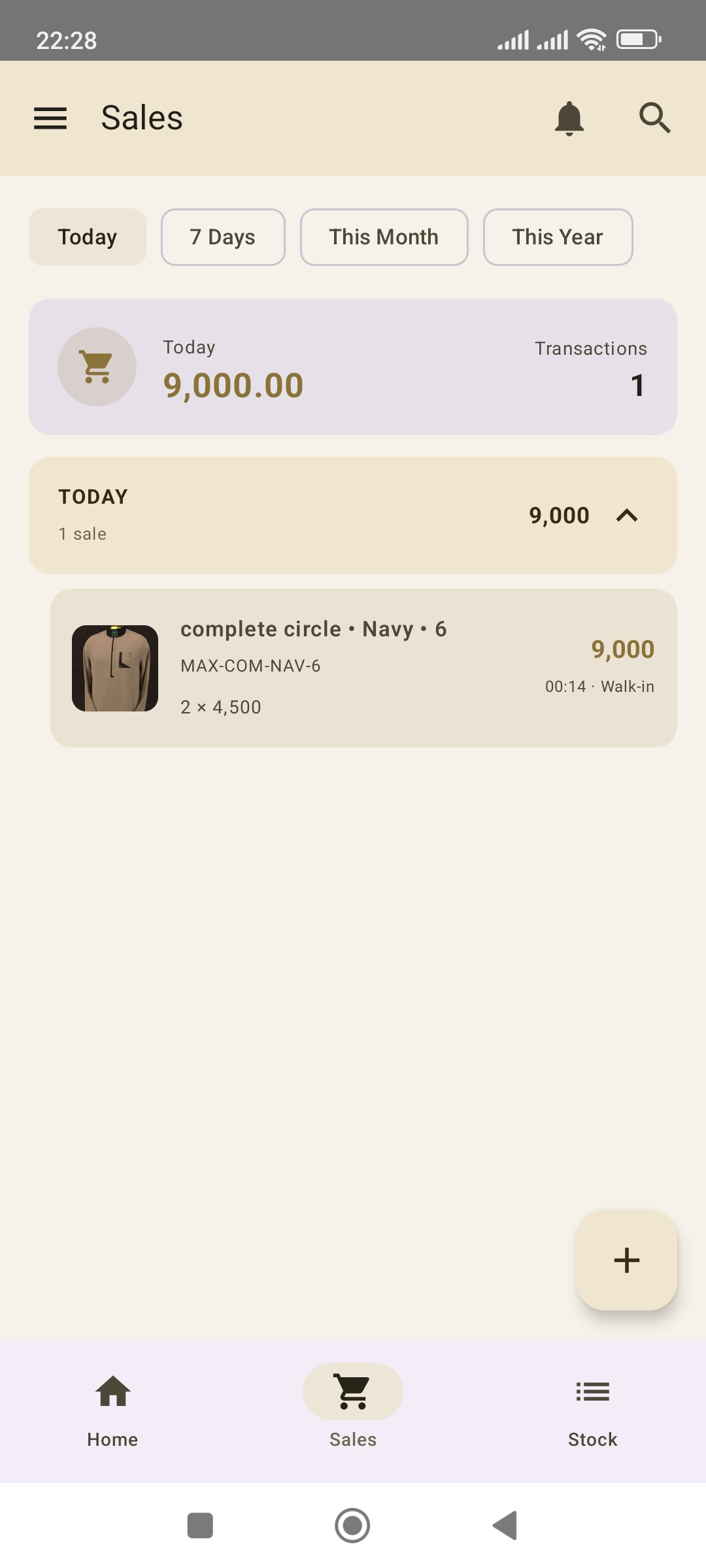 Bizia sales screen showing today's total and a day-grouped list of transactions